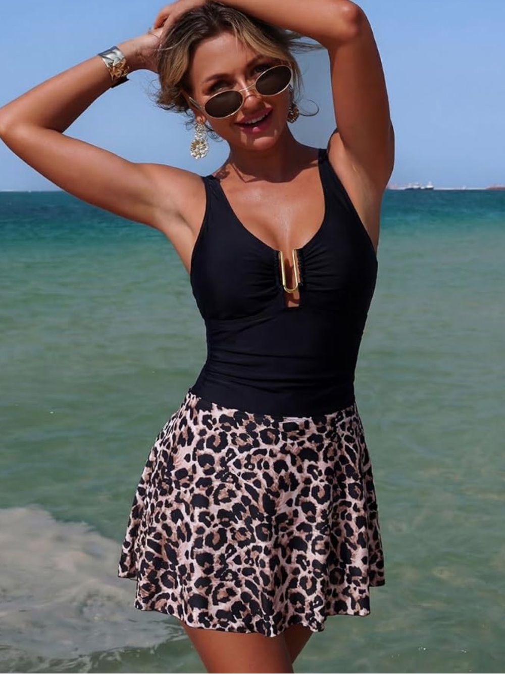 One-Piece Swimdress with Leopard print